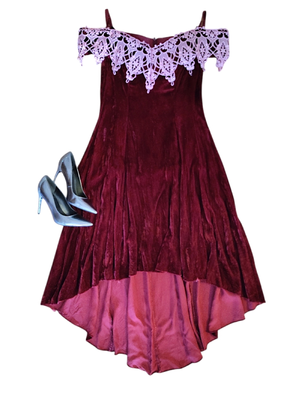 VTG 80s Burgundy Velvet Pink Brocade High Low Midi Prom Dress SZ 15/ 16 - Picture 2 of 13